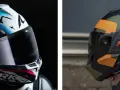 Due caschi da moto, uno bianco con grafiche colorate e il logo Shark, l'altro nero con mimetica arancione e verde. Essenziali protezioni obbligatorie moto.