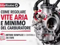 Regolazione vite aria e minimo del carburatore. Dettaglio del carburatore con frecce rosse che indicano le viti.