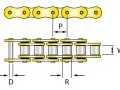 Schema delle misure catena moto: passo (P), larghezza (W), diametro perno (D) e rullino (R).