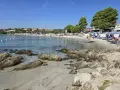 Spiaggia del Pellicano: sabbia chiara, rocce levigate e mare cristallino con bagnanti e ombrelloni.