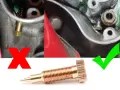 Close-up of a Dell'Orto carburetor air screw, showing correct and incorrect installation with red X and green checkmark.