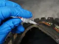 Mano con guanto blu applica colla per pneumatici tubeless riparazione su un copertone da MTB.