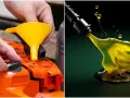 Preparazione miscela al 2% per motosega: versare olio nel serbatoio con imbuto giallo. Olio giallo denso che cola da un beccuccio.