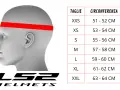 Tabella misure casco LS2: circonferenza testa da 51 a 64 cm, dalle taglie XXS a XXL.
