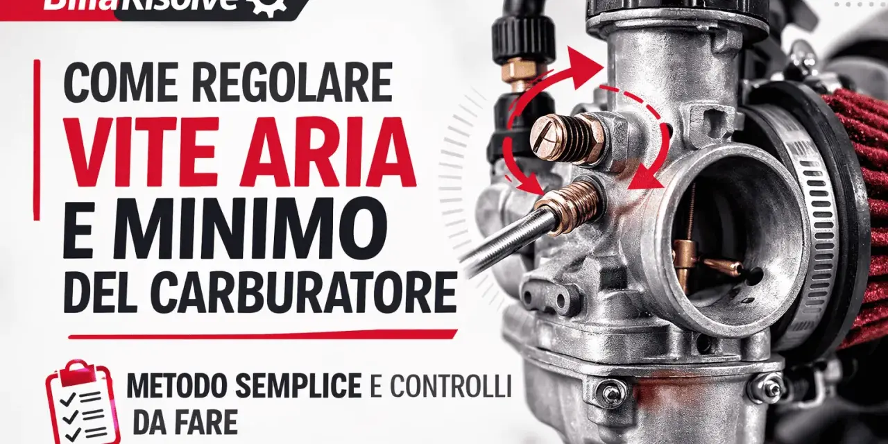 Regolazione vite aria e minimo del carburatore. Dettaglio del carburatore con frecce rosse che indicano le viti.