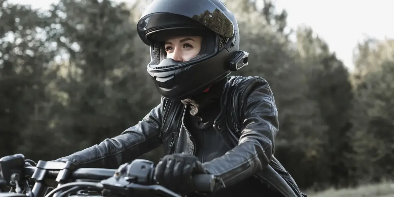 Woman in black leather jacket and helmet riding a motorcycle outdoors.
