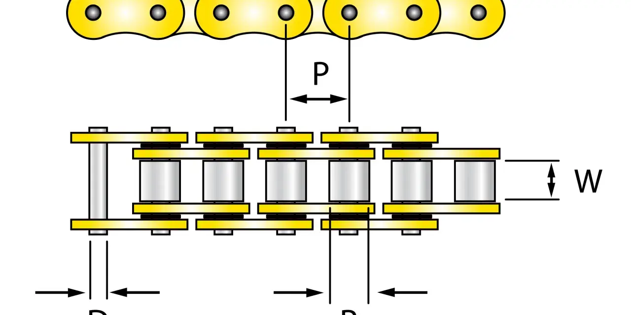 Schema delle misure catena moto: passo (P), larghezza (W), diametro perno (D) e rullino (R).
