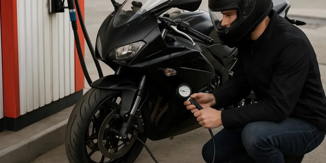 Motociclista controlla la pressione gomme moto 125 con un manometro. La moto è nera, parcheggiata vicino a una pompa di benzina.