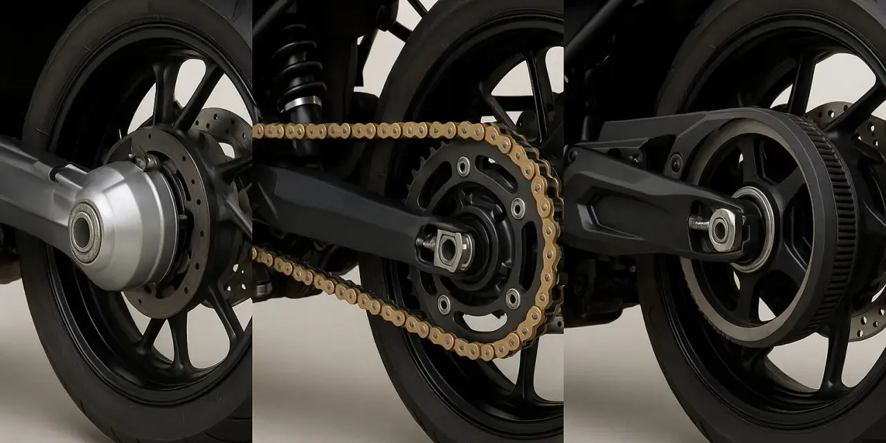 Dettaglio posteriore moto: confronto tra trasmissione a catena dorata e trasmissione a cinghia. Ideale per la sostituzione catena moto.
