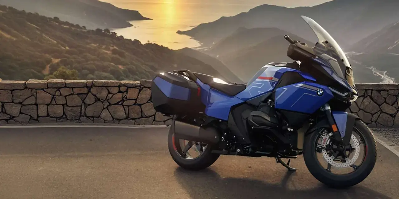 Moto blu parcheggiata su un promontorio con vista sul mare al tramonto. La corretta pressione gomme moto è fondamentale per un viaggio sicuro.