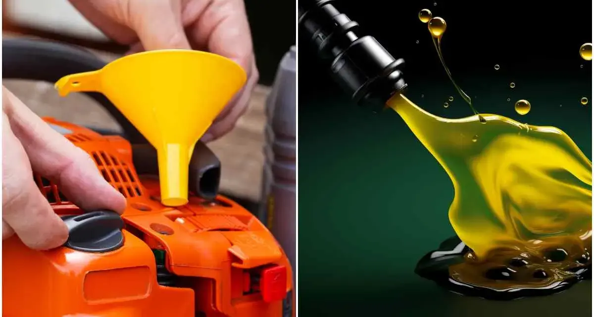 Preparazione miscela al 2% per motosega: versare olio nel serbatoio con imbuto giallo. Olio giallo denso che cola da un beccuccio.