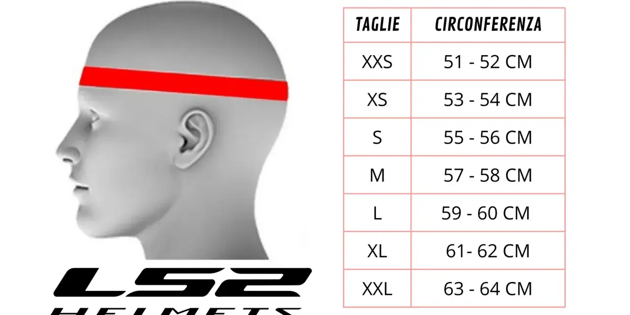 Tabella misure casco LS2: circonferenza testa da 51 a 64 cm, dalle taglie XXS a XXL.
