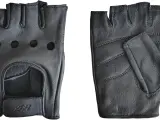 Coppia di guanti ad uso motociclistico in pelle nera, senza dita, con fori di ventilazione e chiusura a velcro.