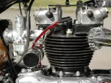 Motore bicilindrico **2 tempi moto** con carburatore cromato e tubo benzina rosso.