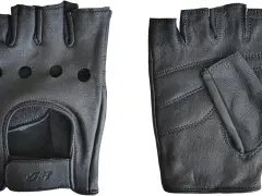 Coppia di guanti ad uso motociclistico in pelle nera, senza dita, con fori di ventilazione e chiusura a velcro.