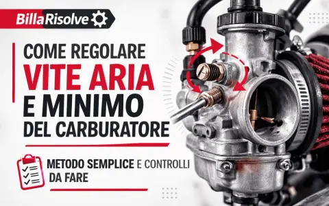 Regolazione vite aria e minimo del carburatore. Dettaglio del carburatore con frecce rosse che indicano le viti.