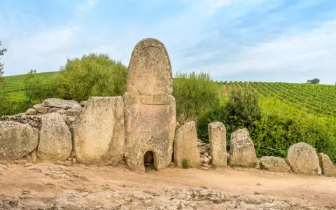 Antiche pietre di un sepolcro a "pozzo" in Sardegna, un vero Stonehenge sardo, circondato da vigneti verdi.