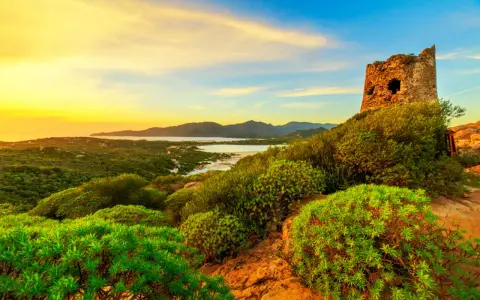 Torre di Porto Giunco, un'antica sentinella di pietra, domina un paesaggio verdeggiante al tramonto, con il mare sullo sfondo.