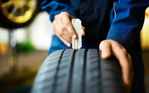 Meccanico controlla il battistrada moto con calibro. La sicurezza prima di tutto!