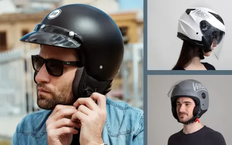 Uomo con casco jet nero e donna con casco demi jet bianco e grigio. Confronto visivo per capire la differenza tra casco jet e demi jet.