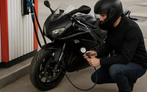 Motociclista controlla la pressione gomme moto 125 con un manometro. La moto è nera, parcheggiata vicino a una pompa di benzina.