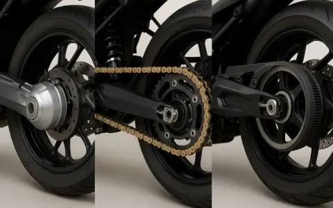 Dettaglio posteriore moto: confronto tra trasmissione a catena dorata e trasmissione a cinghia. Ideale per la sostituzione catena moto.
