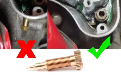 Close-up of a Dell'Orto carburetor air screw, showing correct and incorrect installation with red X and green checkmark.