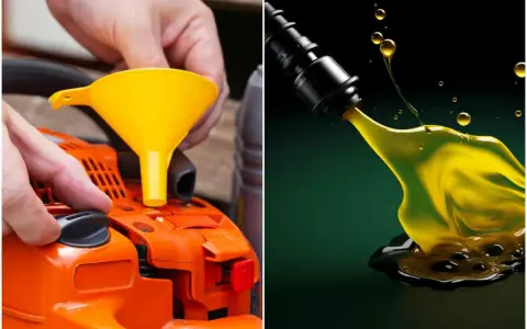 Preparazione miscela al 2% per motosega: versare olio nel serbatoio con imbuto giallo. Olio giallo denso che cola da un beccuccio.