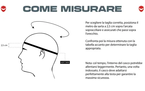 Misura la testa 2,5 cm sopra le sopracciglia per trovare la taglia giusta. Un casco taglia 58 a cosa corrisponde? Controlla la tabella!
