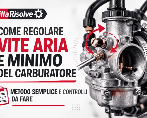 Regolazione vite aria e minimo del carburatore. Dettaglio del carburatore con frecce rosse che indicano le viti.