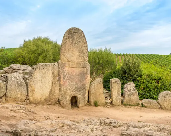 Antiche pietre di un sepolcro a "pozzo" in Sardegna, un vero Stonehenge sardo, circondato da vigneti verdi.
