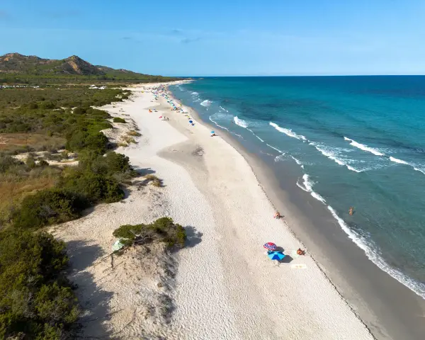 L'oasi di Bidderosa, una spiaggia sarda con sabbia chiara, vegetazione mediterranea e mare turchese, accoglie bagnanti sotto ombrelloni colorati.