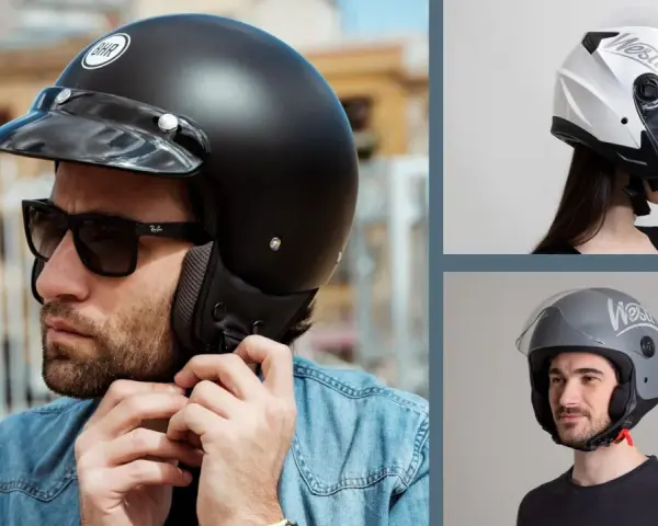 Uomo con casco jet nero e donna con casco demi jet bianco e grigio. Confronto visivo per capire la differenza tra casco jet e demi jet.