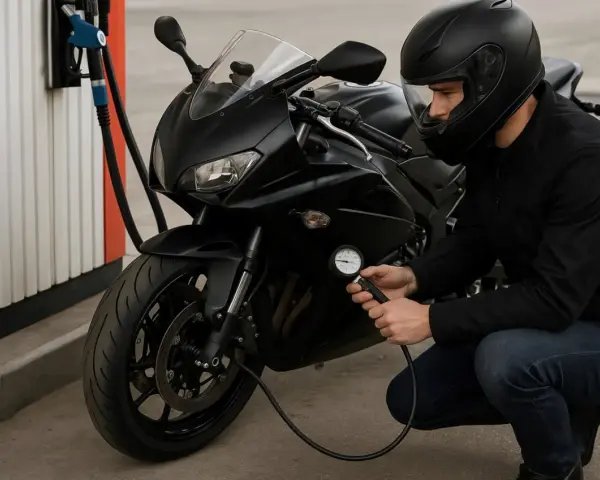 Motociclista controlla la pressione gomme moto 125 con un manometro. La moto è nera, parcheggiata vicino a una pompa di benzina.