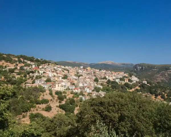 Panoramica di Seulo, Sardegna, con case colorate arroccate su una collina verdeggiante sotto un cielo azzurro.