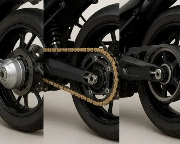 Dettaglio posteriore moto: confronto tra trasmissione a catena dorata e trasmissione a cinghia. Ideale per la sostituzione catena moto.