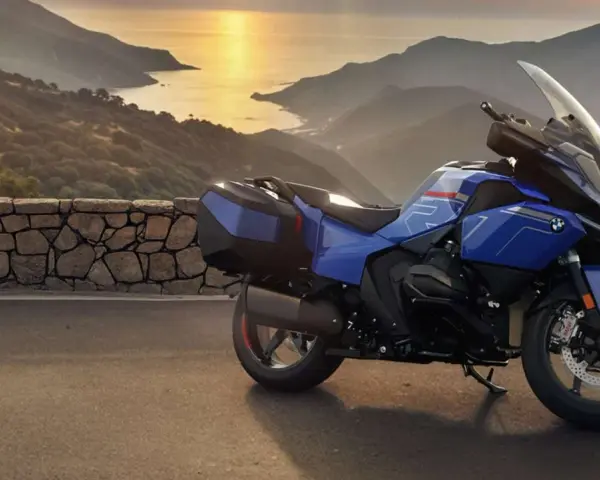 Moto blu parcheggiata su un promontorio con vista sul mare al tramonto. La corretta pressione gomme moto è fondamentale per un viaggio sicuro.