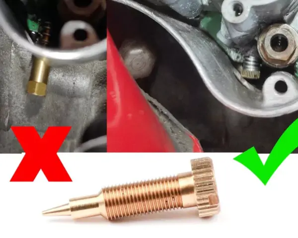 Close-up of a Dell'Orto carburetor air screw, showing correct and incorrect installation with red X and green checkmark.