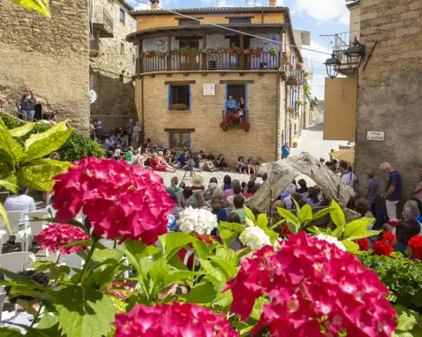 Fiori rosa e bianchi incorniciano una piazza con gente seduta, in attesa di uno spettacolo. Un evento da non perdere, ecco **gavoi cosa vedere**!
