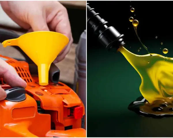 Preparazione miscela al 2% per motosega: versare olio nel serbatoio con imbuto giallo. Olio giallo denso che cola da un beccuccio.