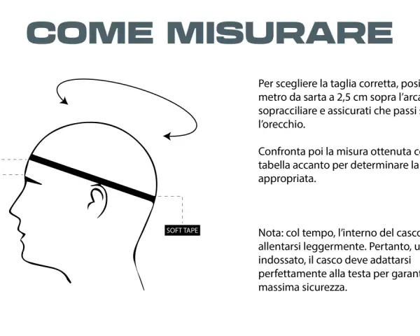 Misura la testa 2,5 cm sopra le sopracciglia per trovare la taglia giusta. Un casco taglia 58 a cosa corrisponde? Controlla la tabella!