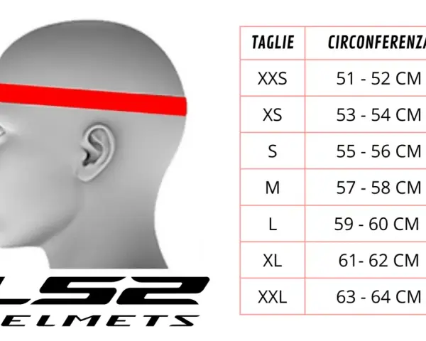 Tabella misure casco LS2: circonferenza testa da 51 a 64 cm, dalle taglie XXS a XXL.