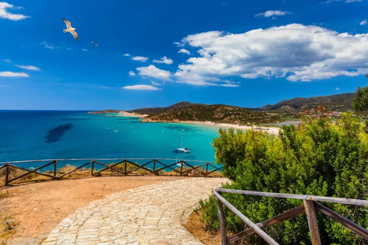 Spiaggia da sogno in Sardegna sud, cosa vedere: mare turchese, sabbia bianca, colline verdi e un gabbiano in volo.