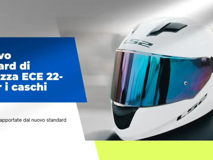 Casco bianco con visiera blu riflettente, con testo "Il nuovo standard di sicurezza ECE 22-06 per i caschi". Scopri come capire se un casco è omologato.