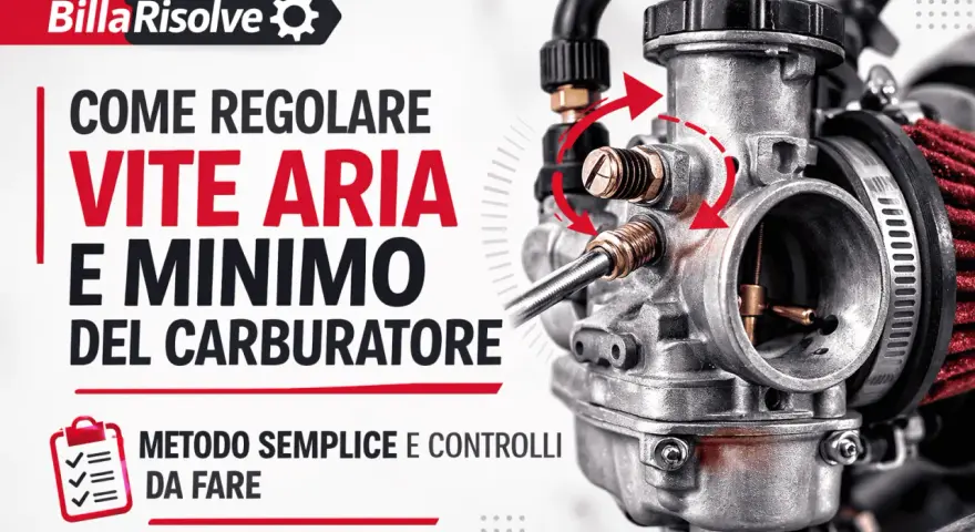Regolazione vite aria e minimo del carburatore. Dettaglio del carburatore con frecce rosse che indicano le viti.