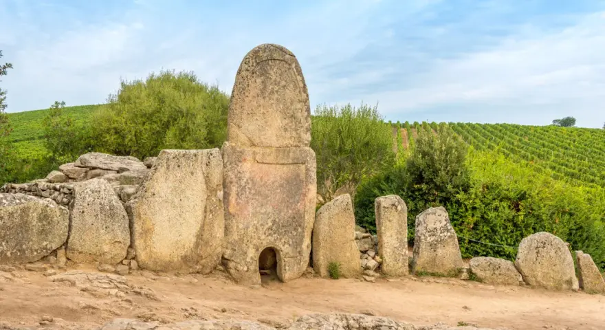 Antiche pietre di un sepolcro a "pozzo" in Sardegna, un vero Stonehenge sardo, circondato da vigneti verdi.