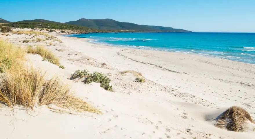 Spiaggia di Porto Pino con dune sabbiose e mare turchese sotto un cielo azzurro.