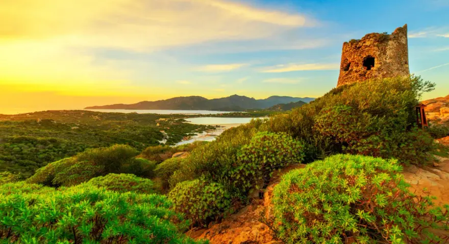 Torre di Porto Giunco, un'antica sentinella di pietra, domina un paesaggio verdeggiante al tramonto, con il mare sullo sfondo.