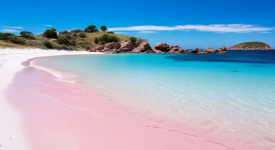 Spiaggia rosa di Budelli, Sardegna. Acque cristalline e sabbia finissima creano un paesaggio da sogno.