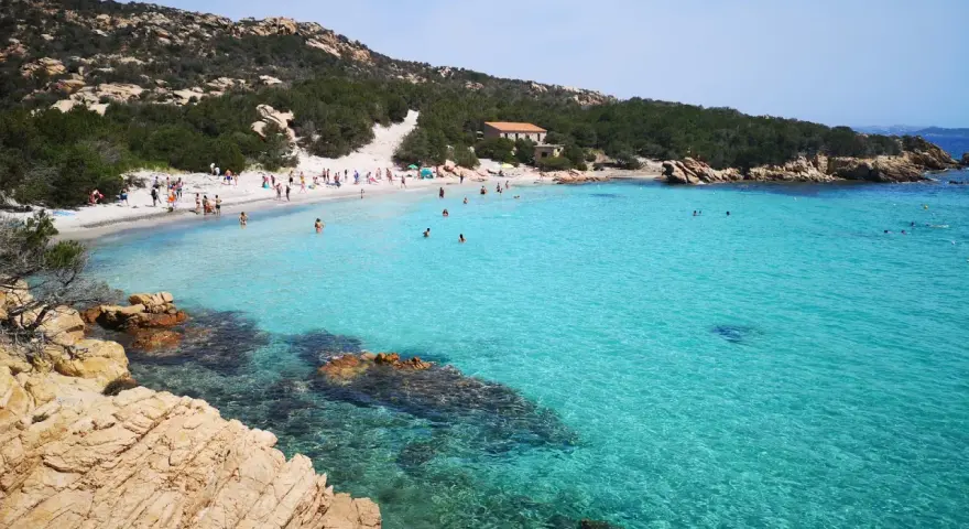 La **cala Granara** splende con acque cristalline e una spiaggia affollata di bagnanti. Rocce dorate emergono dal mare turchese.